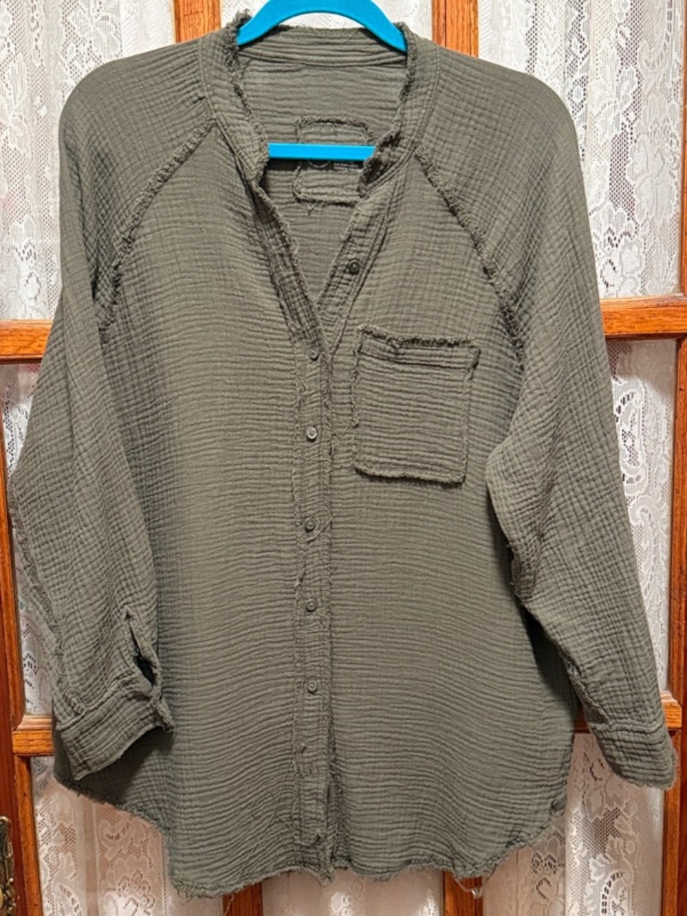 aerie Oversized Olive Green Frayed Button-Down Shirt